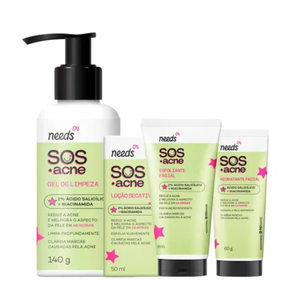 Kit Facial Needs SOS Acne Gel de Limpeza 140g + Esfoliante 80g + Loção Secativa 50ml + Hidratante 60g