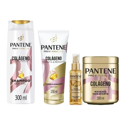 Kit Pantene Miracles Colágeno Hidrata & Resgata Shampoo 300ml + Condicionador 150ml + Máscara Capilar 550ml + Óleo Milagroso Finalizador e Leave-in Queratina 95ml